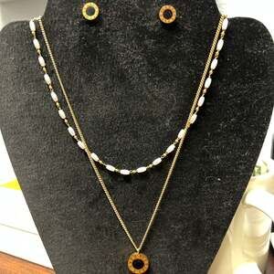 Roman Numeral Necklace and Earring Set with Faux Pearl Layered Chain